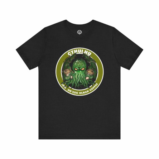 T-Shirt - CTHULHU, Your God Demands Coffee in R'lyehian. Funny shirt for fans of HP Lovecraft and cosmic horror. - Image 3