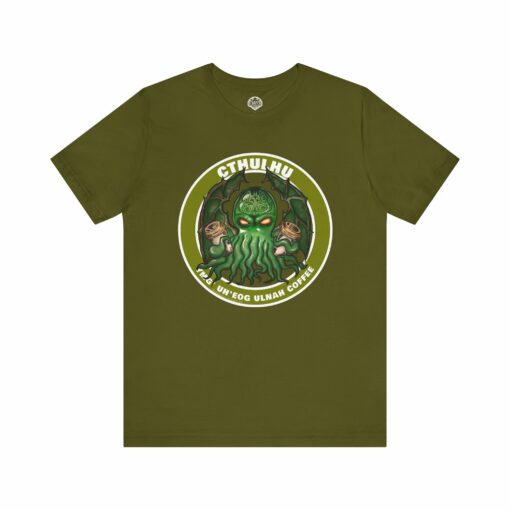 T-Shirt - CTHULHU, Your God Demands Coffee in R'lyehian. Funny shirt for fans of HP Lovecraft and cosmic horror.