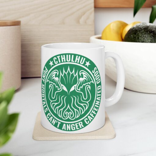 Ceramic Mug Cthulhu Inspired Puny Humans Caffeinated Gods Parody Green Color Lovecraft Fans 11oz 15oz