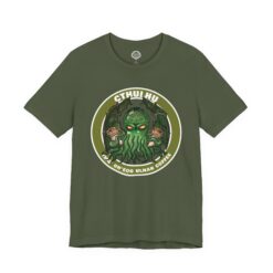Alternative view of Cthulhu Demands Coffee Shirt - With "Your God Demands Coffee" in R'lyehian. Funny shirt for fans of HP Lovecraft and cosmic horror.