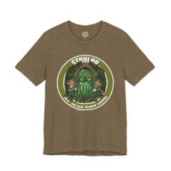 Cthulhu Demands Coffee Shirt - With "Your God Demands Coffee" in R'lyehian. Funny shirt for fans of HP Lovecraft and cosmic horror.